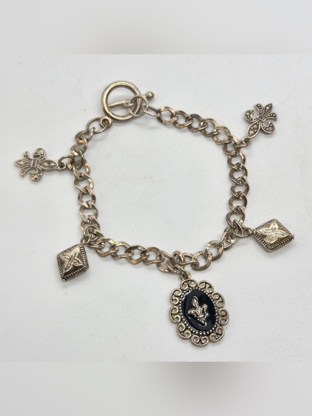 Vintage Silver Tone Charm Link Bracelet Fleur De Lis Toggle Clasp